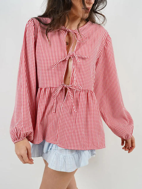 'Adalet' Linen Look Tie Front Smock Blouse - Celes Fashion